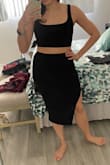 Very comfortable sexy maturely, considering exchanging for a small size since the straps on the top were a little lose and skirt was pretty long. Material is ribbed stretchy material so sizing down shouldn't be an issue in this. Can't wait to wear this as an outfit and as separates! - Katie T.