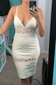 This dress has so much potential, but didn't hug me the right way - I got a small and it fit nice on top but was way too tight on bottom, also the cups were almost a tad big for me (see side view pic). Seems better suited for a slightly larger bust and smaller hips than mine. The straps were surprisingly comfortable and stretchy and the material has a nice feel to it. Might try a medium and update review on fit. - Stephanie C.