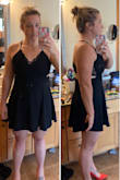Bought this for a night out in Vegas later this summer and I think it will be perfect. I love the back detail. My waist is on the thicker side for my size so I went up to a L and glad I did because there isn't any give in the waist part of the skirt (and it hits at your true waist) so this gave me enough room to feel comfortable. It's a little big in the chest for me but the adjustable straps help and I won't need to wear a bra. The hip area is very forgiving due to the a-line style. If it weren't for my waist I definitely could have definitely sized down to a M. The dress is short but not so short that I'm uncomfortable. 

For reference I usually wear a size 6/8 in jeans and mostly small tops. Athletic/straight build. - Kelly L.