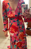 The waist on this dress is the only thing that fits fine. The dress is a beautiful color, and the pink lining is a nice touch. However, as you can see in the picture, the top is huge. If I wanted to take the shoulders up I could probably pull the top up. You can see that the top swims on me. Also, it's really tight under the armpits. - Kathie H.