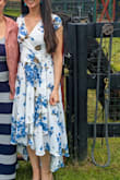 The material is lovely, not sheer, and the floral pattern is beautiful and placed well on the body. I think the silhouette of the dress is flattering for many body shapes and sizes. I tend to wear a 0-2, depending on the dress. This one I ordered an XXS because the bust seemed to show a lot of cleavage, which I do not have a lot of. I'm glad I did.  I ended up having to pin the top so I wasn't showing any bra. The bodice aligned with my natural waistline and the length was perfect for my height + heels. I paired it with the Taylor blush heels from Lulus and thought the whole look was perfect. - Melanie C.