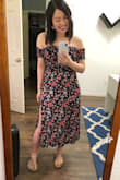 The dress fits nicely and the colors are so vibrant. The off-the shoulder and two slits in the front make the dress perfect for summer. The material is soft, comfortable, and stretchy. Love the pattern and since the colors are darker I can get away with wearing no-bar which is a plus. All and all love it, highly recommended! - Jinna R.