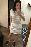 The dress runs a bit bigger (baggy and no shape) but the material is thick, super soft and comfortable. It has a liner so no see-through there. Love it. - Jinna R.