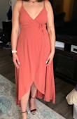 Snagged this for my sister-in-law's wedding in August. It's the perfect material to keep me cool during a Texas August. I am super happy with the fit and given that it is a wrap dress, there is "wiggle room" available! - Halle C.