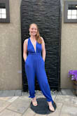 I wore this for my 25th birthday dinner and loved it! Length and fit were great! The only thing I didn't love was how long the halter top straps were. I tied it loosely around my neck, then had to bring it down around my waist, then tie it in the back! And It's definitely more of a royal blue than periwinkle, which I loved! - Rebecca F.