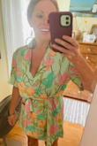Looks just as pictured! It has a baggy fit, but that's fine, as the tied belt gives you a waist. Super comfortable with light, airy material. So many compliments! Great for summer. - Meghan H.
