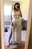I got a little ambitious with the sizing and had to exchange for a Large, but I'm still super excited. I have REALLY wide hips, and I was afraid if the high-waisted part would make it past. It did, but narrowly. So beware, the underliner of the pants will give you a major wedgie if you size down. I plan to wear this to our desert wedding in October! BTW - the shoes in the photo are also from Lulus! - Jocelyn G.