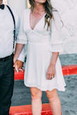 Wore this dress for our vow renewal in Vegas. It fit perfectly. Got a size small. It does require a special bra. It was not see through, but I did still wear nude undergarments so it looked better. Fabric is soft, lightweight and dress is well made. It is not short, but not long. Perfect length! Overall I highly recommend! - Nicole S.