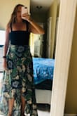 It fits perfect if you wear it high on waist. (I barely have a waist so I have to wear it high up)
So flowy! I LOVE IT! - Tiffany F.