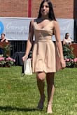 The material was no nothing shows. As a wonderful fit to it. Didn't move around as much only with the wind. But beautiful dress for graduation. - Yamile B.