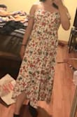 Love the size, the length, the color, the fit. If in between sizes, I would suggest sizing up but if the upper end of the size is unavailable, the smaller size works well too. The material is smocked so it's super stretchy and passes the food baby test. The only negative I had is the arms, it looks great. Just feeling of the feels a bit too small and not enough coverage for my personal liking. Other than that, this dress is a great choice. - Jade J.