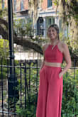 I got this with the matching top and together the outfit works, but the bottoms weren't flattering on my wide hips imo. Still, love that pants were high waisted enough to make the cropped top modest enough and show only the flat part of one's tummy. Love the color too. - Amy L.