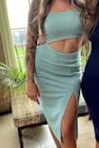 I wore this dress to a wedding and got so many compliments. It's the prettiest color and the material is amazing. It's thick and luxurious feeling but not TOO thick. I steamed it as soon as I got it and it never wrinkled. There are hard wires down the side that kept its shape which was a nice surprise. It's a really beautiful dress!! - Taylor S.