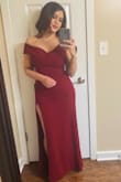 Dress fits perfect. I was worried it would be too long because I'm so short, but it was perfect with my heels (see pic without heels on)& Unfortunately I had to return because it was a heavy material and it seemed too hot for a summer wedding. Color is as shown in the picture. - Diana M.