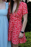 This dress is perfect! Great combo of flirty but not too dressy, just an absolutely flattering shape. Deep v, but didn't pull off my chest when I bent over, I didn't need tape. Felt the length was appropriate - Morgan S.