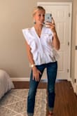 Love this top so much. When I accidentally stumbled on this blouse on the website, I had to have it! The top is great quality, and the ruffles lay so well, it doesn't look cheap or unflattering at all. This runs true to size for me, loved that it was light weight and was easy to put on too! - Jasmin L.