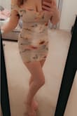 I'm 5'1, 118 pounds, and a 34D. I wanted to love this dress because it's so cute but the sleeves are so tight and the dress rides up and becomes short. The cups might seem okay in this photo but the small definitely won't fit a D cup. Maybe a medium would have worked for me though. If you're petite this dress would be perfect and it's such good quality and cute, but it just doesn't work for me. - Irene G.