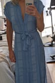 Length hits just below my knees. I got a lot of compliments on this dress over the 4th. Cute, casual, and super comfy. Fabric is soft, thin and light, very soft t-shirt like. - Katie S.