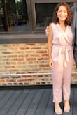 Wore this to a wedding & loved it! Lulus dresses & jumpsuits tend to be way too long on me, but the length on this jumpsuit was perfect without altering. I pinned the neckline and practiced taking it on & off for bathroom breaks prior to the event, it's a little tricky without a zipper. I'm usually either a small or medium, and medium was definitely the right size for being able to get this item on & off. Overall a great wedding guest outfit, super comfortable & cute! - Marissa R.