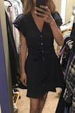 Love this dress! I ordered an XS and S bc I'm usually between sizes. I ended up keeping the S to have enough room in the waist, and took in the bust and shoulders. I have a rectangle shaped torso and the shoulder frills and A-line skirt give the illusion of an hourglass figure. - Stephanie S.
