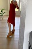I love this dress! It's soft, casual but sexy too. I can wear it doing errands with flats or booties, or wear with sexier high shoes and jewelry for dinner.  It's a pretty, light rust color.  I wear the silicone adhesive bras stickies with most of my tops and dresses including this one as a bra won't work. The fabric shows any and all water or oil spots! I can't even use lotion, silver it transfers to the fabric. Also, not hemmed at the bottom. Lulus please offer hemmed clothes! Otherwise I love it. - Rosalee M.