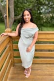 this dress is such a pretty color. the material is really good. shape flattering. a great dress for a wedding guest. the larger shoulder strap was a tad big on me (boobs aren't big) but I loved it as a off the shoulder look - Lesley P.