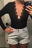 This is a really great bodysuit.  I most likely won't even need to wear a bra because the ribbing and the lace detail really camouflages a lot.  Maybe I might need some stickies if I'm going somewhere more formal or think I'll be moving around/bending over a lot.  Fits perfectly! - Deirdre N.