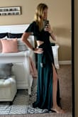 I absolutely love this dress and can't wait to wear it to a wedding this fall.  It's very long, which works perfectly for my height.   The top portion fits great, but the lower half is a tad baggy at the hips, so I intend to have that altered.  I love this material and it will work well for me to pack for my travel. - Chelsie G.