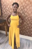 LOVED this dress. I wore it to a wedding where I didn't know the majority of the guests but so many people stopped me to compliment my dress. I usually wear a Medium with most Lulus dresses but this dress was a little big in the waist and the chest. I'm a C cup and I've never had a dress be too large in the chest. If it wasn't for the yellow one being out of stock, I would've tried a size small as well. Since I'm short I had to get it tailored either way, so I went ahead and had it tightened too. The adjustable straps help as well. It was also very comfortable, and I didn't need to wear a bra. I highly recommend! I might get more colors too :) - Sarah T.