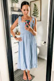 This dress was a win! I'm very petite and typically have such a hard time finding dresses that fit at the top because I'm so small chested, but this dress works for two reasons 1) the tie straps are adjustable and honestly are the highlight of the dress and 2) the smocked, stretchy bodice hugs all the right places. I've had 2 kids and I love how this dress is a-line and flowy around the belly area. - Shannon S.