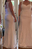 I love how it looked on the model and other reviews, but it just wasn't fresh enough. A little too traditional. Fits perfect however even though the final effect makes my hips appear large whereas a lot of other wedding dresses I tried in person are flattering. Maybe if I had got it in blush it would have looked more soft and modern. - Lana L.