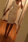 I really like this dress but on my body the fit is a little loose around the waist and a little tight around the legs. I wouldn't size up because I don't want it to be looser around the waist, and I can live with the tightness. But if you're someone who prefers looser all over then probably size up. Very happy with the thickness of the fabric; it's double lined, so it is not see through, though non-invisible underwear lines may show through. Because it's double lined, it is a bit hot, so I wouldn't recommend for a super warm day or outdoor events in the summer. - Eleanor N.