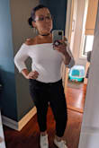 This off-the-shoulder top blew me away - super sexy, form-fitting without being clingy, doesn't ride up throughout the day. The structure of the shirt keeps the sleeves in place, even as I move around and raise my arms. Heavier, high-quality material, so you might not want to wear it on a sweltering summer day. Bonus: buttoned front area-clasp so you don't have to strip every time you go to the restroom. Highly recommend! - Amber B.