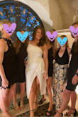 I bought this dress for my bachelorette party. I loved the fit and fabric of this! The quality is really nice and not too sheer even though it's white! The fit is so flattering. I was struggling to find the right dress for my size and this was great! The wrap shape plus the fabric detail in the front made me feel confident about my midsection. The slit is high, but perfect for my Miami bachelorette party vibes! - Carly S.