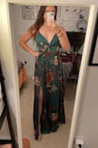 So excited to wear this to my cousin's August wedding at a Vineyard! First I ordered this in the pink floral, sadly it's not my color. I followed the size chart which put me at a small or a medium, but after reading reviews that said it ran large, I ordered a small. This dress runs REALLY large in my opinion. I tried S, XS, and XXS (which I never am) and the XXS fit the best. I ended up keeping green in XXS. The pink dress was more of a nude, and the green is more of dark forest green than emerald like the stock photo. Personally, I like the forest green better, so I'm very happy with the purchase. This dress is very well made and the fabric feels high quality. If you have an option, I would order 2-3 sizes and see what fits best, because it was a trial and error for me. The adjustable straps help a lot with bust issues, which was my problem with the XS. I have a small chest so the XS was gappy and draped weird. It fit well in the waist for both XS & XXS. Photos shown: XS in pink, XXS in emerald green. - Autumn B.