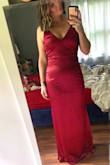 This dress fits so perfectly it feels like it was made for my body! The satin is gorgeous and comfortable. There's a tiny bit of stretch so I can sit without being squeezed. The style of the V neck line and back is subtle but really makes the dress looks beautiful while wearing. I wore 3" heels with it and I could have it altered a half inch to make it perfect but isn't totally necessary, I can walk without tripping or picking up the dress! I love that the burgundy color has a pink to it! I wish it came in every color! - HannaH L.