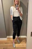 Bought these for a work conference, business casual. I usually wear mediums and it fit very comfortably at the tie waist, loved the look of it. A little tight below the tie with the zippers when I get bloated and have to sit. Very comfortable standing. If I had gotten a size up, I think it would haha been much to large. Easy to dress up and down. Material was comfortable and light for light activities. - Megan H.