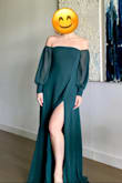 The dress is stunning and the green color is beautiful! Very romantic and flowy. True to size and tons of room in the hips so if you have a smaller waist/top go with that size. Lots of lengths as well so you can wear heels and hem. - Sarah S.