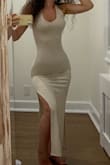 This dress is so soft and comfortable and looks amazing with flat sandals. I love the color and fit, it really brings out my hourglass shape. The only thing is you have to wear a nude thong because anything else will show. I also love that you can dress this up with nice jewelry and heels. - Suzanne O.