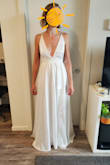 I would definitely order a size up on this one, it was quite a tight fit on my rib cage and I couldn't take deep breaths. Material is nice and light, I felt secure up top and it didn't feel overly revealing although there isn't much fabric there. I am keeping a different dress that I ordered (Love Your White Surplice) so returned this one. - Ciara O.