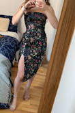 This dress is gorgeous and super flattering but had an interesting fit. I am pear-shaped with a very small bust/waist and wide hips - so based on the description ordered both a small and extra-small. The small was very loose on me all around even though that is my usual size, and the extra small fit almost perfectly, snug all around, but was a bit too tight on the hips.

I will probably keep the extra small and have it tailored! - Emily L.