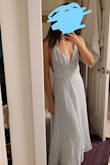 The dress is very cute! The only issues I had with it was with the slit in the front. When you sit down, unless you pinch it between your thighs, it will show everything! If I am conscious of it and make sure my thighs hold it down when I sit and cross them, it should be fine. I have a very small chest and I feel like it's covered decently, but I would still wear pasties with it (just in case). The dress hits just a tiny bit above ankle for me and I'm 5' 4". The small fit me great and the tie detail helps hold everything together. - Sally L.