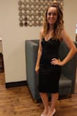 Absolutely loved this dress ! Wore it to a wedding and it was comfy and gorgeous! I get worried wearing fitted dresses sometimes because they get loose throughout the night, but this one did not! The material was light and soft. The neckline has a nice plunge but nothing too intense. Great event dress, you won't be disappointed - COLLEEN B.
