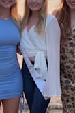 Cutest top. Dressy enough for a date night but can be dressed down with jeans. The top gapes a little bit but I pinned it and was fine. Love that it's easily adjustable with the wrap style. Wore it for my bachelorette dinner. - Shea O.