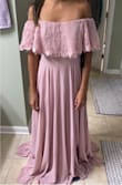 Ordered this for my best friend's wedding in February. The fabric is a tad heavier than I thought it would be but it doesn't make the dress fall. I'm very short so I will need to hem it quite a few inches but love the dress! It feels very secure and fancy and the bride loved it! It does look more towards pink that purple depending on the lighting. - Leslie Z.