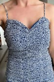 I was super excited about this dress. The color/pattern is adorable but the dress itself felt very cheap. There is no lining or support in the chest just very flimsy material and the neckline is not situated well over the bust. Runs large in the chest and waist. - Alex S.