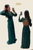 I ordered this dress for my engagement photos and I was really impressed with the quality. It looks very elegant, while also being very comfortable. I got it in green and absolutely love the color. I'm 5'5 and I'm not wearing any shoes in the photo, and as you can see it's a bit long, but I want it long for what we're shooting. Wearing heels with it would obviously fix this. Highly recommend it! - Daniela M.