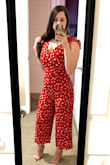 I love everything about this! I'm so short so it's hard to find cute jumpsuits that aren't too long for my legs and this did not disappoint. The color and the pattern are perfect, just as pictured. It's a little tight up top but I'm very large chested on a small frame so I wouldn't change the size. The only thing is you might need a buddy to zip and unzip you if you're gonna wear it out or to an event. - Teagan W.
