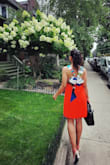 Lovely orange colour - not good for a hot and humid day as this is completely synthetic material. However, the dress is beautiful and got a lot of compliments. I have a very narrow waist and heavy hip so I was worried that the dress wouldn't fit well but it looked great :) - Sujaya S.