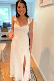 Loved this dress for my wedding! Straps were to be adjusted and length was fine for me since I wore 5 inch heels! Texture and quality of the dress are amazing! Not too hot or thick! Also simple casual look so I can re use in the future! - Tracey L.